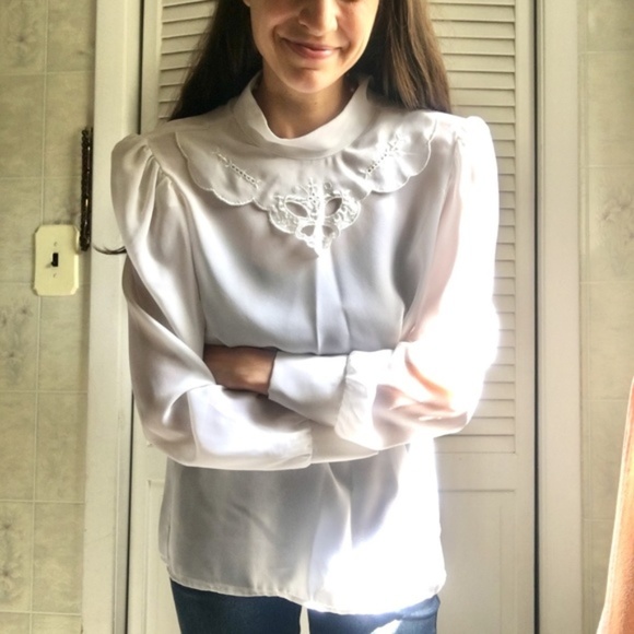 Vintage Tops - {Vintage} White Puff Sleeve High Neck Sheer Blouse